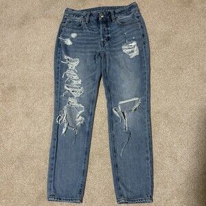 American Eagle Womens Sz 2 Distressed Jeans Tapered Leg Medium Wash Blue 29x28